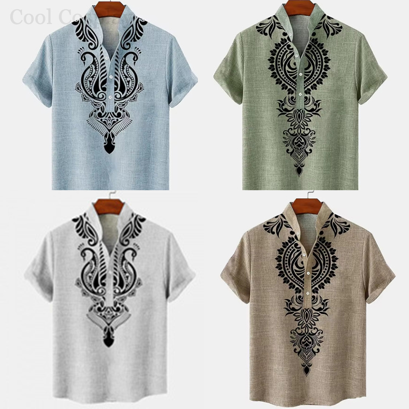 Ethnic Fashion Men - Camisa Henley Retro Masculina com Estampa