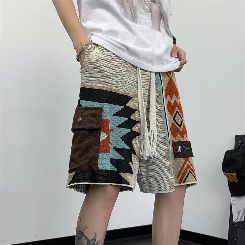 Ethnic Chic Fashion - Shorts Masculinos de Tricô Boho Étnico